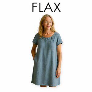 Flax 100% Linen Short Sleeve A-Line Dress in Colonial Blue size S EUC